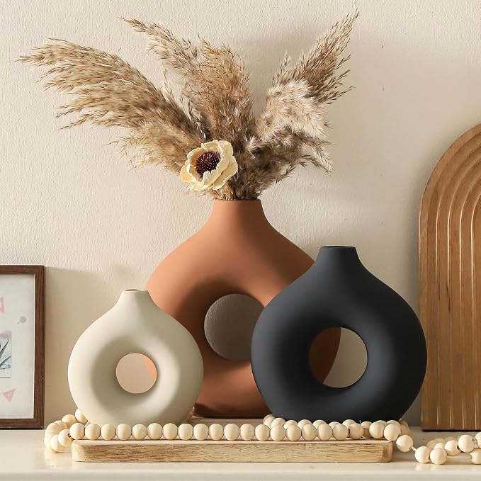 Vanselia Ceramic Vase Home Table Decor - Flower Vases Set of 3 Small Living Room Centerpiece Decorations for Shelf Bedroom Office Kitchen Dining Desk Modern Aesthetic Farmhouse Decorative (Rust)