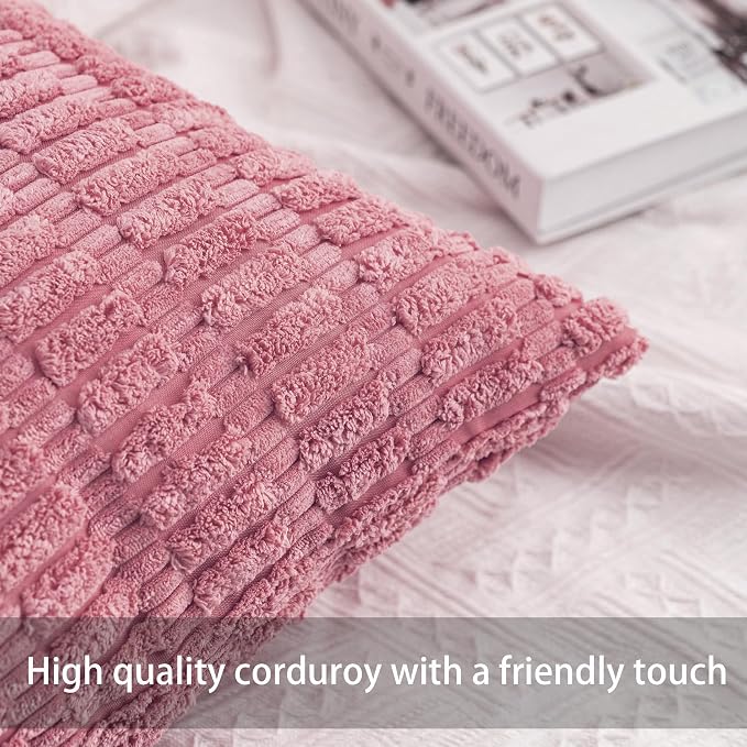 Aegero Pack of 2 Corduroy Decorative Throw Pillow Covers 12x20 Inch, Pink | Fall Soft Striped Pillow Covers Modern Farmhouse Home Decor Christmas Throw Pillow Covers for Sofa Living Room Couch Bed