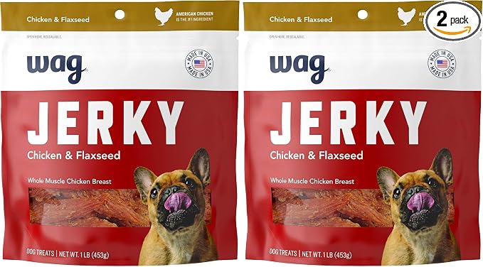 Amazon Brand – Wag Chewy Whole Muscle American Jerky Dog Treats – Chicken & Flaxseed (1 lb), Grain Free (Pack of 2)