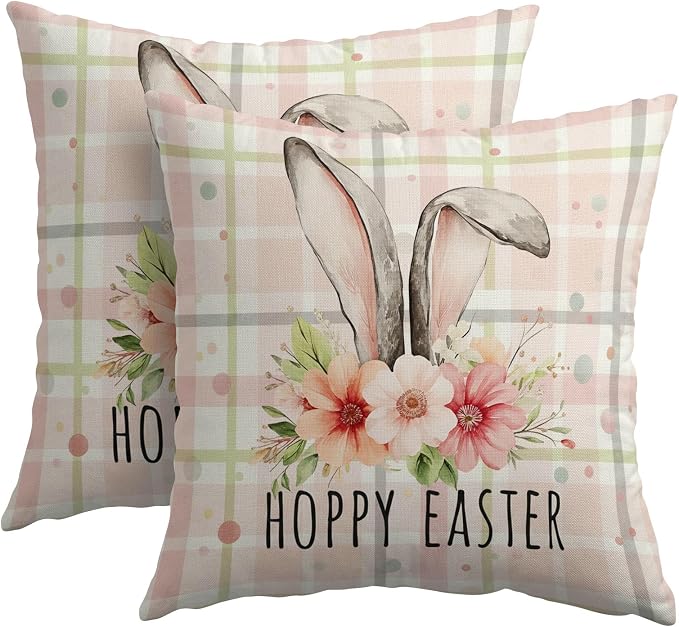 Easter Bunny Floral Pillow Covers 20X20 Inch Spring Pink Buffalo Plaid Decorative Pillow Cases Rabbit Flower Throw Pillows Set of 2 Seasonal Modern Farmhouse Home Decor for Sofa Couch Outdoor