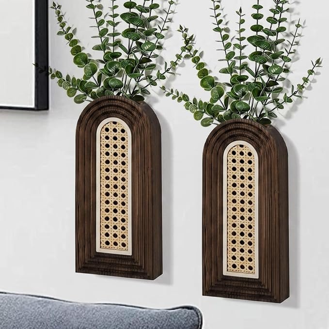 Dnnnii 2 Pack Wooden Wall Vase Set - Dark Brown Finish Hollow Rattan Modern Farmhouse & Boho Wall Decor for Entryway, Hallway, Bathroom, Living Room, Dining Room, Narrow Spaces