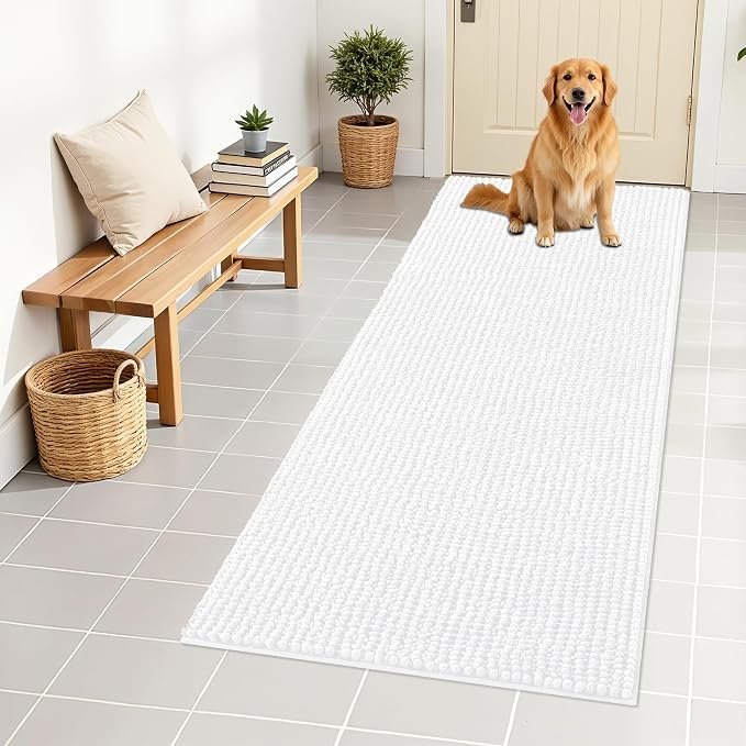 OLANLY Dog Door Mat for Muddy Paws 59x24, Extra Absorbent Chenille Mud Mat | White, Absorbs Moisture and Dirt, Non-Slip Machine Washable Doormat, Quick-Drying Indoor Entryway Floor Mat for Dogs