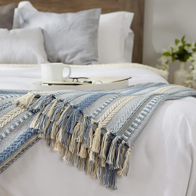 DII Braided Striped Decorative Throw Blanket, 50x60, Stonewash Blue