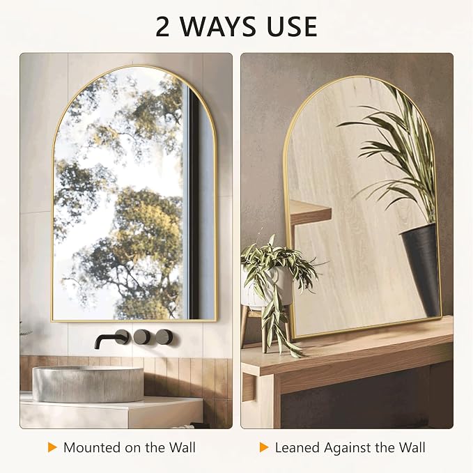 Arched Bathroom Mirror for Wall, 38" x 26" Metal Frame Vanity Mirror, Gold | Aluminium Alloy Frame, HD Shatterproof Glass, for Bathroom Over Sink , Entryway, Bedroom, Living Room