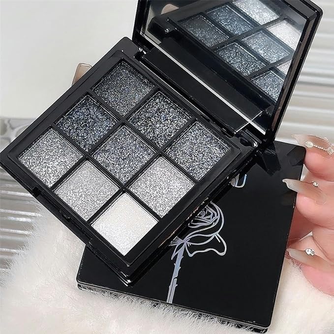 9 Colors Glitter Eyeshadow Palette, Black Silver Gray White Goth Shimmer Sparkly Eye Shadow Makeup Palette, Metallic Eyeshadow, Smokey Eye Glitter Makeup Sombras De Ojos
