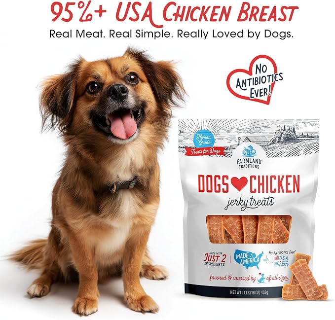 Farmland Traditions Dogs Love Chicken Jerky Dog Treats, Premium Two-Ingredient Dog Jerky with USA-Raised, Human-Grade Chicken & No Antibiotics Ever, 1 Pound (Pack of 2) Bag.