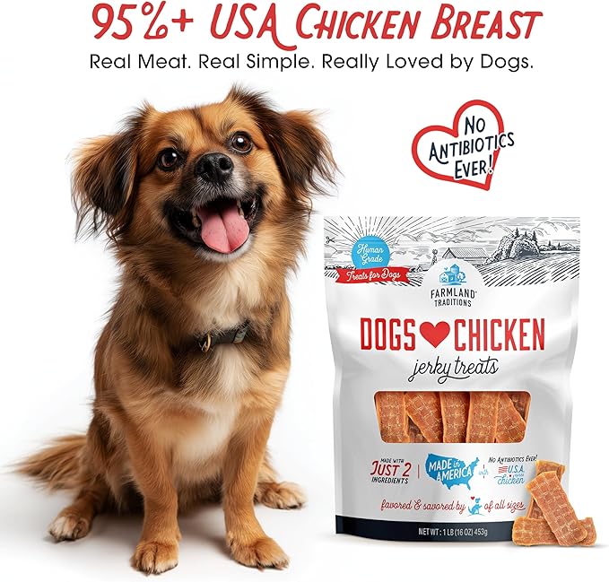 Farmland Traditions Dogs Love Chicken Jerky Dog Treats, Premium Two-Ingredient Dog Jerky with USA-Raised, Human-Grade Chicken & No Antibiotics Ever, 1 Pound (Pack of 1) Bag