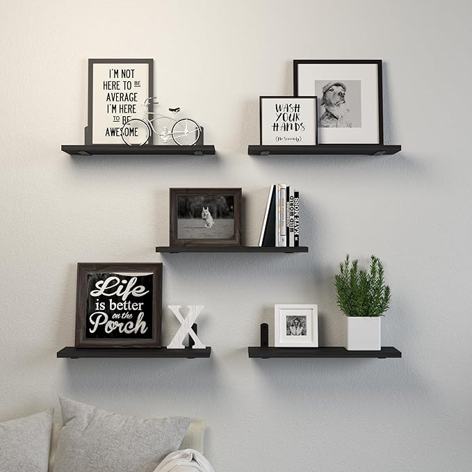 DOLLFIO Floating Shelves, 5 Sets Wall Shelves, Wood Floating Shelves for Bedroom Wall Décor, Wall Mounted Floating Bathroom Shelf for Storage, Floating Book Shelf, Living Room – Black