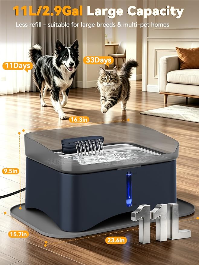 11L Elevated Dog Water Fountain No-Spill with 4 Heights Adjustable | Large Capacity, No-Splash, Anti-Slip Mat, 304 Stainless Steel Tray, 5-layer Filtration, for Senior/Large Dog & Multi-Pet Home