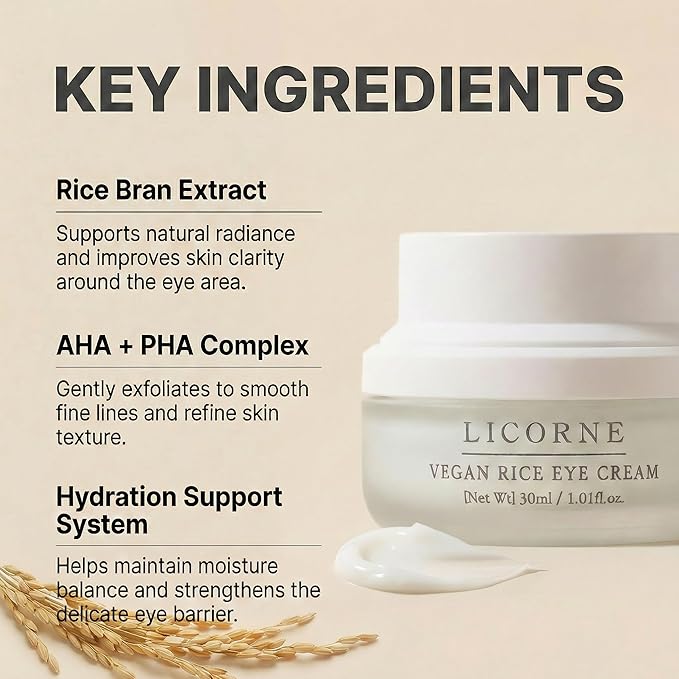 LICORNE Vegan Rice Eye Cream for Dark Circles and Puffiness - Thick Butter Texture Under Eye Care with AHA & PHA, Fragrance Free Hydration for Sensitive Skin, Large 1.01 Fl Oz (30ml)