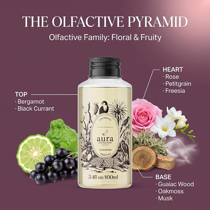 Aura Cassis Fragrance Oil for Waterless Scent Diffuser - Inspired by L’Ombre Dans l’Eau | 3.4 fl oz / 100 ml Essential Oil Blend for Aromatherapy & Hotel Collection Diffuser
