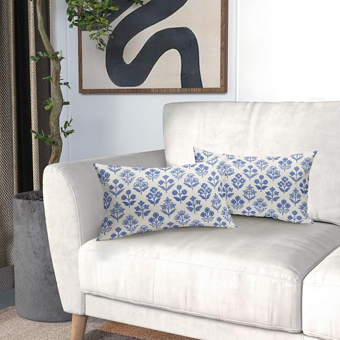 Blue Floral Pillow Covers 12x20 Inch Set of 2, Block Print Lumbar Flower Cream Decorative Throw Pillowcases Outdoor Farmhouse Rectangle Cushion Covers Spring Summer Sofa Couch Bed Decor