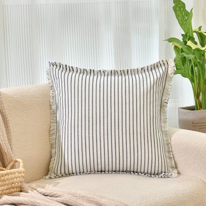 Throw Pillow Covers 22x22 Set of 2 Striped Pillow Covers with Fringe Chic Cotton Decorative Pillows Square Cushion Covers for Sofa Couch Bed Living Room Farmhouse Decor, (Black)