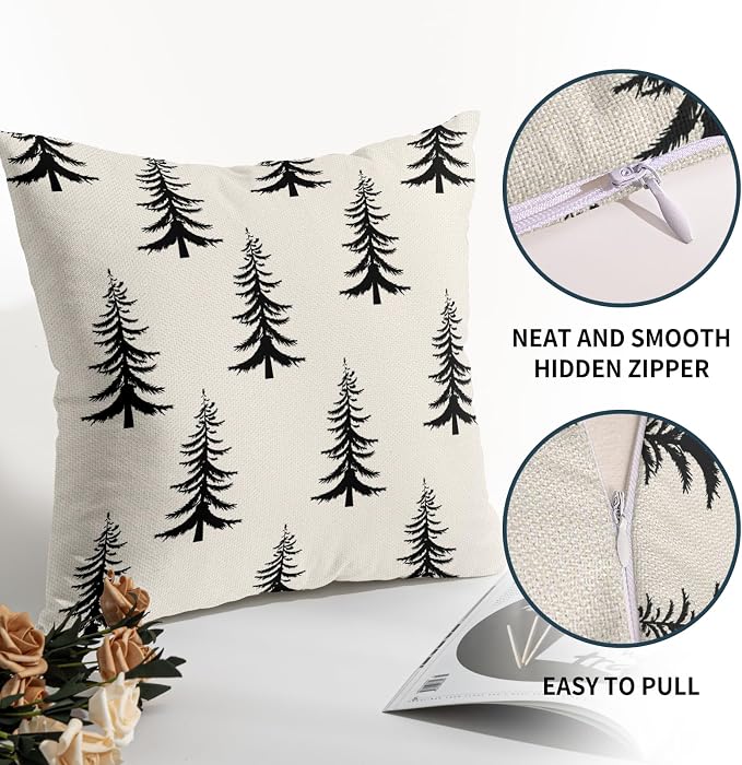 Christmas Pillow Covers 18X18 Inch Set of 2 Rustic Black White Xmas Tree Decorative Pillow Cases Winter Holiday Cotton Linen Cushion Case Farmhouse Home Decor for Sofa Couch Bedroom
