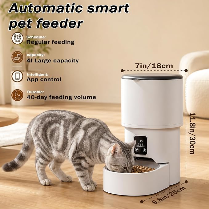 Automatic cat feeder,4L timed pet food dispenser with 2.4G WiFi,Detachable | Dual power timed dry goods dispenser, suitable for cats and dogs, suitable for outdoor use, mobile phone controllable