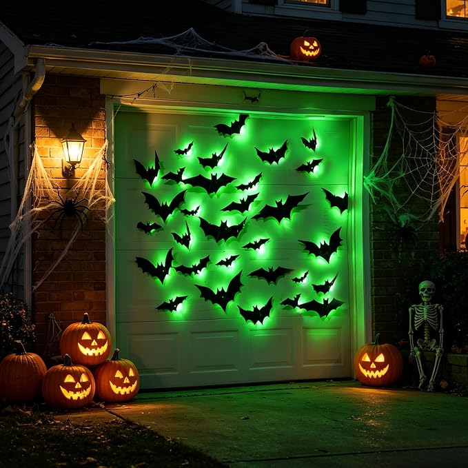 DR.DUDU 36 Pack Bats Halloween Decorations Indoor Bat Wall Decor | Light Up Green LED, Assorted Size, 3D Bat Stickers, for Bedroom Party Walls Bathroom Mirrors Garages Door, Indoor/Outdoor Use