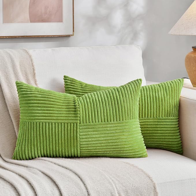Fancy Homi Set of 1 Lime Green Long Lumbar Decorative Throw Pillow Covers 16x24 Inch for Couch Bed Sofa, Modern Farmhouse Boho Home Decor, Soft Striped Corduroy Accent Cushion Case 40x60 cm