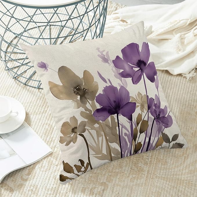 Spring Floral Pillow Covers 18x18 Inches Set of 2 Brown Purple Floral Throw Pillow Cover Outdoor Summer Flower Decoration Pillowcase Farmhouse Decorative Linen Cushion Cover for Home Couch