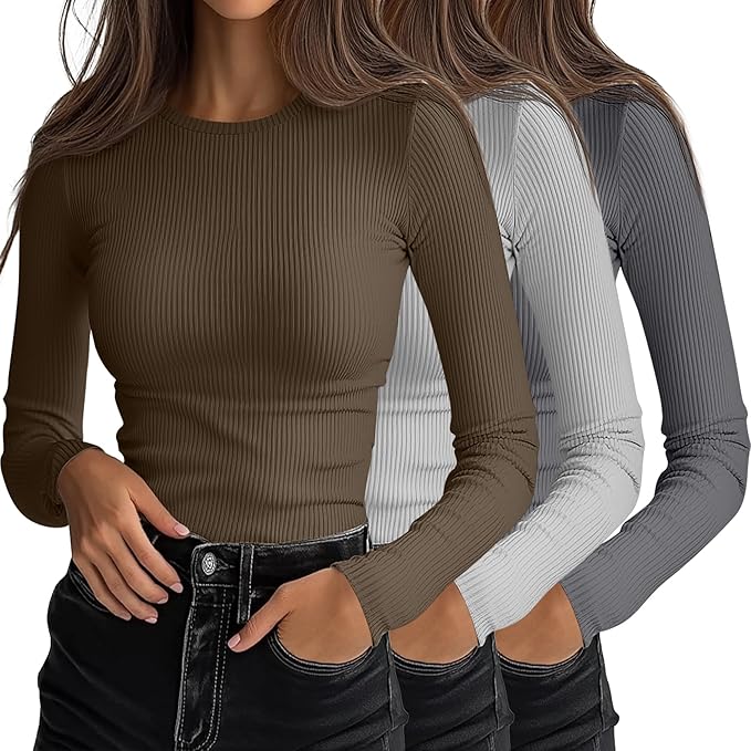 Ficerd 3 Pack Women's Ribbed Long Sleeve Tops, Crew Neck Slim Fit Undershirts Knit Basic Casual Stretch Layering Tee Shirts