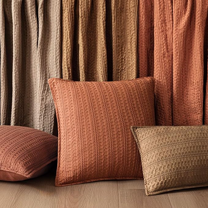 Foindtower Set of 2 Decorative Cotton Waffle Weave Throw Pillow Covers Euro Shams Cushion Covers Accent European Pillowcase for Bed Couch Sofa Bedroom Living Room Home Decor 24×24 Inch Orange Brown