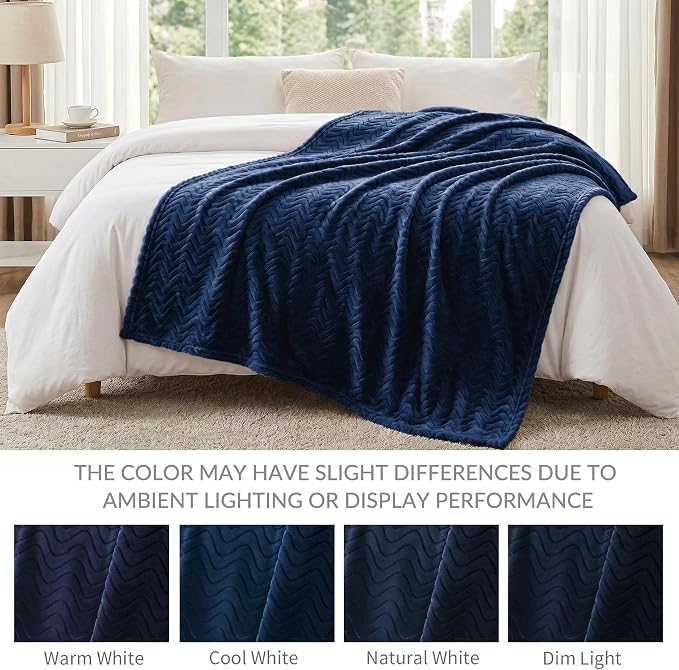 Exclusivo Mezcla Large Fleece Throw Blanket for Couch, Sofa, Navy Blue | 50"x70" Soft Breathable Lightweight Flannel Throws for Summer, Plush Cozy Jacquard Wave Blanket for Home Decor