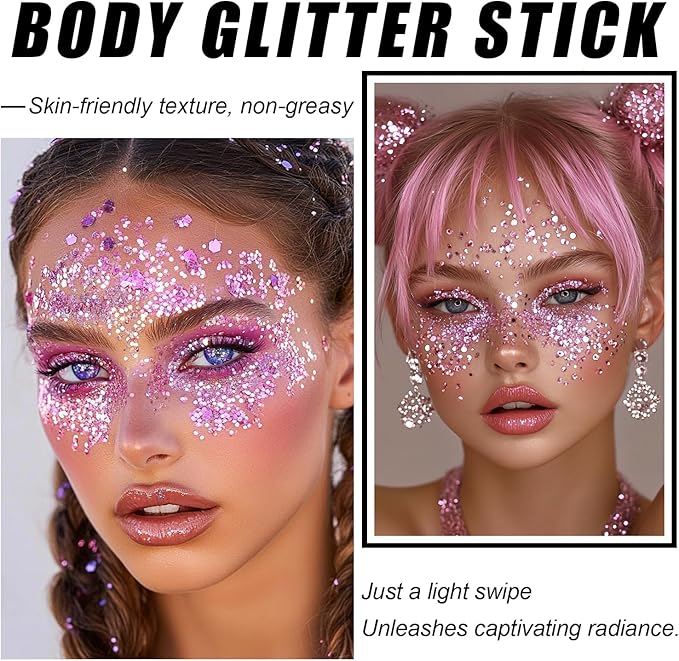 Pink Body Glitter Stick, Sparkling Pink Hair Glitter for Kids and Women, Waterproof Face Hair and Body Glitter Makeup, Rave Accessories Carnival Chunky Sequins