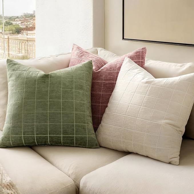 MIULEE Sage Green Plaid Decorative Throw Pillow Covers 20x20 Set of 2 | Vintage, Check Chenille Couch Pillows, Neutral Boho Farmhouse Cushion Covers, Modern Home Decor for Sofa Bed Living Room