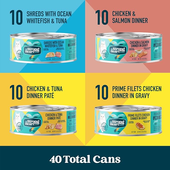 A Strong Heart Cat Food Variety Pack, Chicken & Seafood, 40ct 5.5oz Cans | Pate & shreds in gravy, all life stages, complete & balanced, made in USA