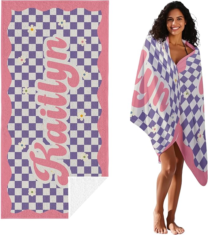 JML Personalized Beach Towel with Name, Custom Flower Beach Towel, Customized Microfiber Pool Towel, Quick Dry & Absorbent Swim Towel for Adult,Anniversary, Birthday, Summer Holiday,Vacation
