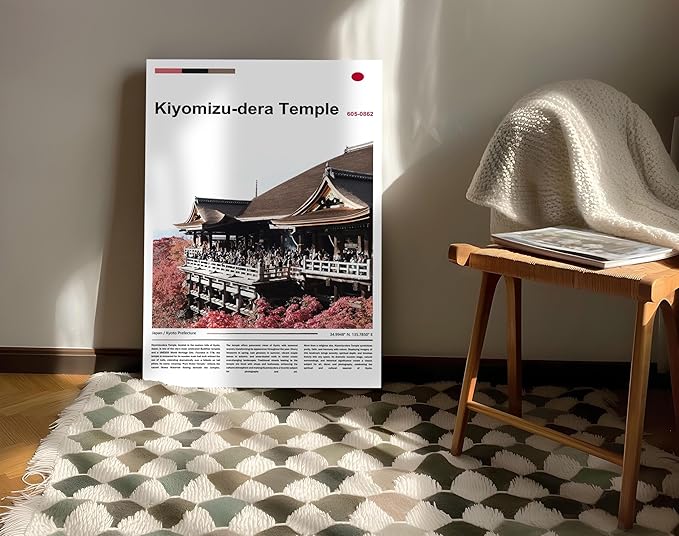 Poster Kiyomizu-dera Temple Wall Art Original Design(36"x24" Golden Frame) Kyoto Japan Pagoda Print Autumn Red Maple Leaf Landscape Scenery Buddhist Shrine Zen Culture Travel Landmark Series Picture