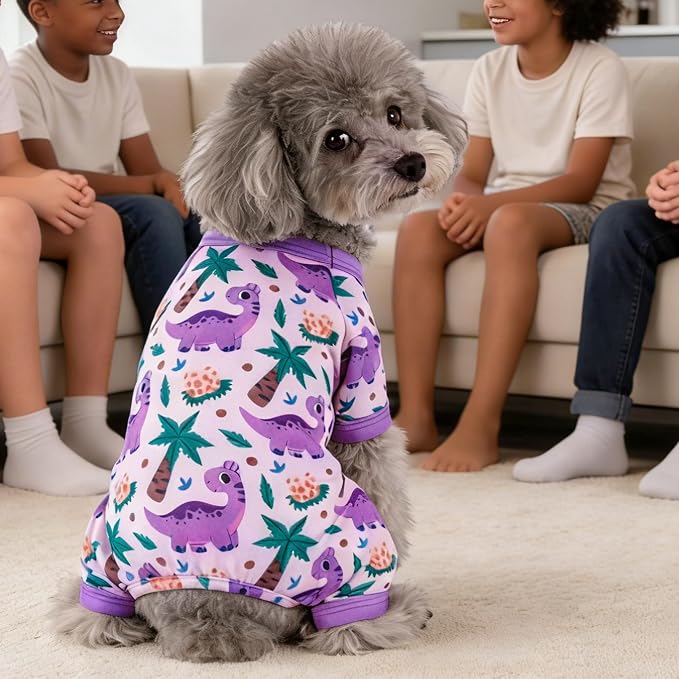 Dog Pajamas for Small Dogs Cute Print Dog Onesie Thin Dog Clothes for Spring Summer Comfy & Elastic Puppy Pjs (Purple Dinosour, Large)