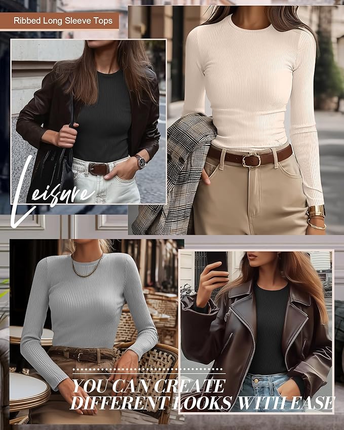Ficerd 3 Pack Women's Ribbed Long Sleeve Tops, Crew Neck Slim Fit Undershirts Knit Basic Casual Stretch Layering Tee Shirts