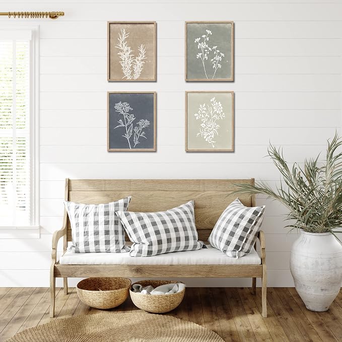 Liswit Framed Boho Wall Art Set of 4 for Wooded Minimalist Botanical Print Wall Art for Rustic Vintage Farmhouse Home Kitchen Wall Decor (Brown, 12x16)
