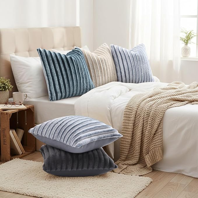 decorUhome Fall Faux Fur Throw Pillow Covers 24x24 Set of 2 Grey White | Decorative Soft Cozy Striped Plush Modern Farmhouse Boho Couch Pillow Cases Velvet Back for Sofa Bed Living Room Home Decor