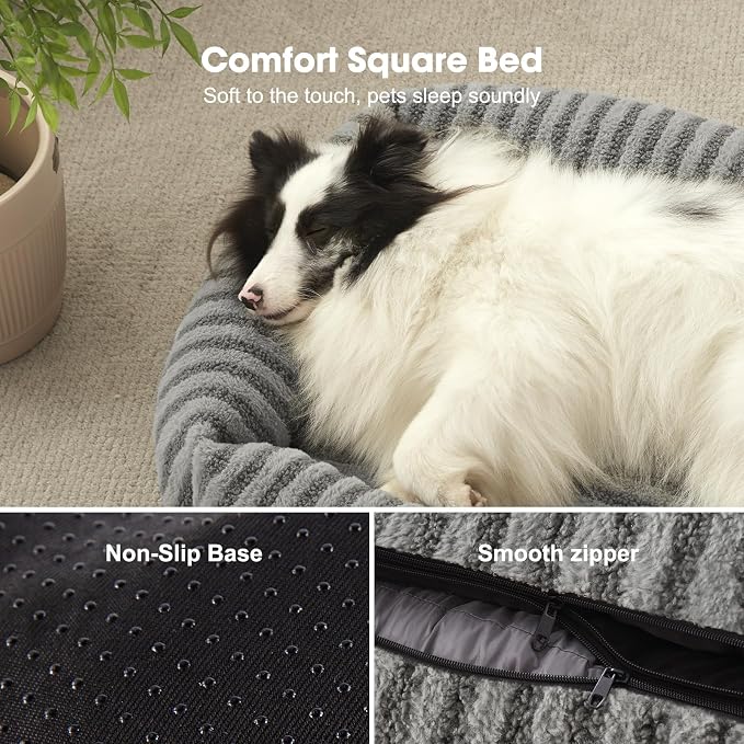 MIXJOY Dog Bed Medium Size Dog, Washable Medium Dogs Bed with Removable Cover, Soft Rectangle Doggy Ded Fluffy Plush Faux Fur Pet Bed with Anti-Slip Bottom, 30"x24"x8", Grey