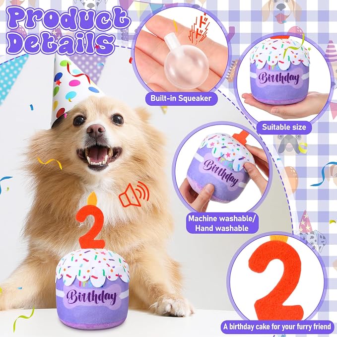 Dansydaisy Dog Birthday Cake Toy Squeaky Plush Gift,2nd,Purple
