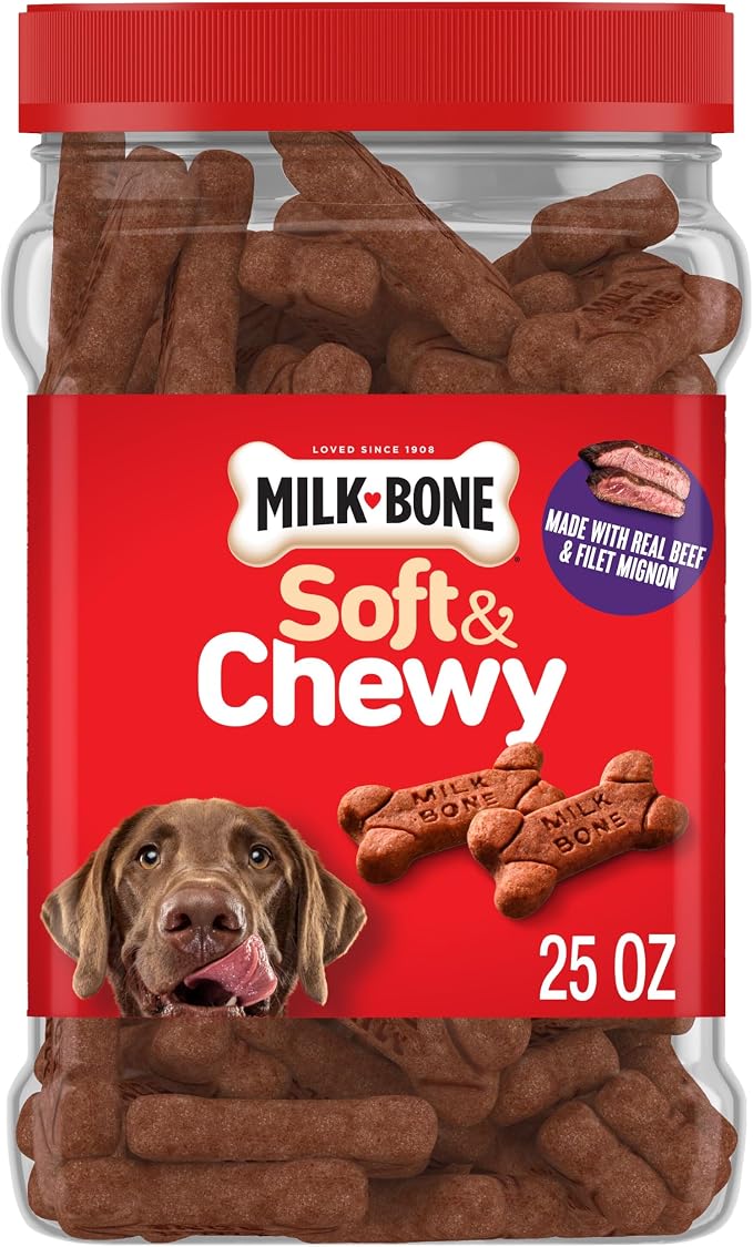 Milk-Bone Soft & Chewy Dog Treats, 25 Oz. Canister | Made with real beef & filet mignon, tender dog treats, easy to chew, for dogs of all ages and sizes