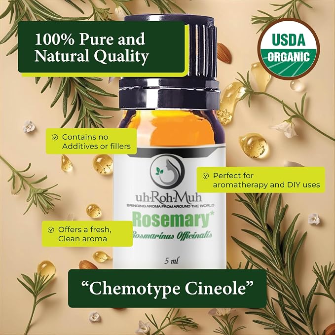 Organic Rosemary Essential Oil Chemotype Cineole | 100% Pure Steam Distilled Rosemary Oil | Fresh Herbaceous Aroma for Diffuser Aromatherapy, Massage Blends & DIY Recipes | Spain – 5ml