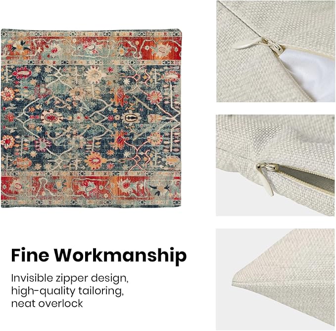 Boho Pillow Covers 18x18 Inch Set of 2,Navy Blue Burnt Orange Ethnic Design Throw Pillows Case,Carpet Pattern Outdoor Decorative Square Linen Farmhouse Decor Cushion Covers for Home Sofa Bed Couch