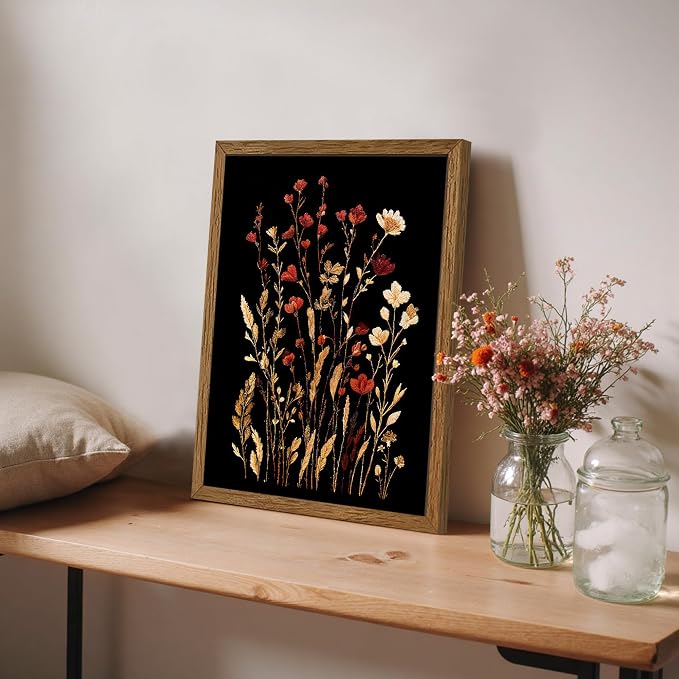 JLTULT Black Floral Wall Art, Vintage Wildflower Framed Canvas, 12 x 16 in | Black-background wildflower art on fade-resistant canvas with a ready-to-hang solid wood frame for bedrooms and bathrooms