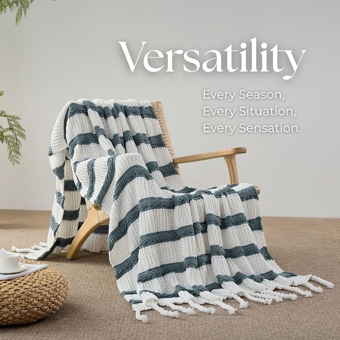 Boho Knitted Chenille Blanket with Tassels - Lightweight & Soft All-Season Throw - 3D Classic Pattern for Living Room Bedroom Couch, Celestial Blue(Striped), Queen 90"x90"