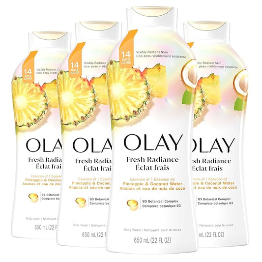 Olay Body Wash for Women, Fresh Radiance, Refreshing & Renewing, Made with Plant Based Cleansers, B3 Botanical Complex, For All Skin Types, Pineapple & Coconut Water Scent, 22 fl oz (Pack of 4)