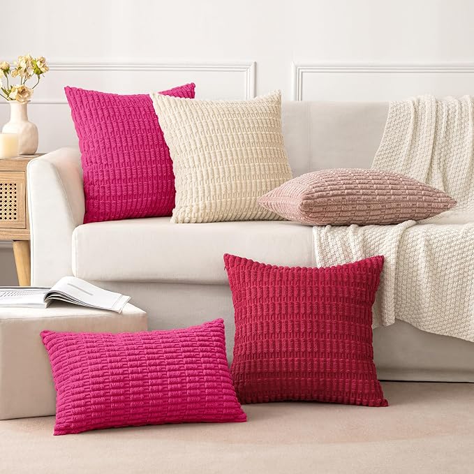 MIULEE Corduroy Decorative Throw Pillow Covers 18x18 Hot Pink Pack of 2 | Soft Boho Striped Pillow Covers Modern Farmhouse Home Decor For Sofa Living Room Couch Bed