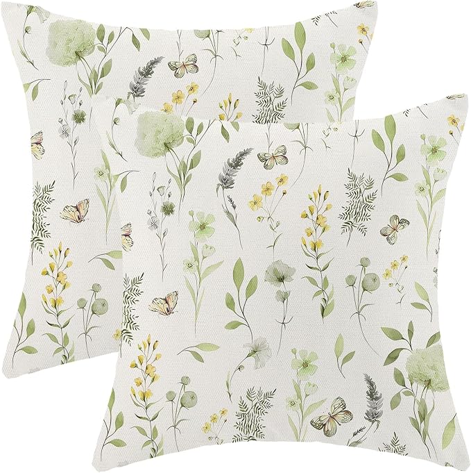 AEIOAE Spring Pillow Covers 20x20 Inch Set of 2, Sage Green Yellow Wild Flower Throw Pillows Case,Colorful Seasonal Floral Plant Outdoor Decorative Farmhouse Decor Cushion Covers for Sofa Bed Couch