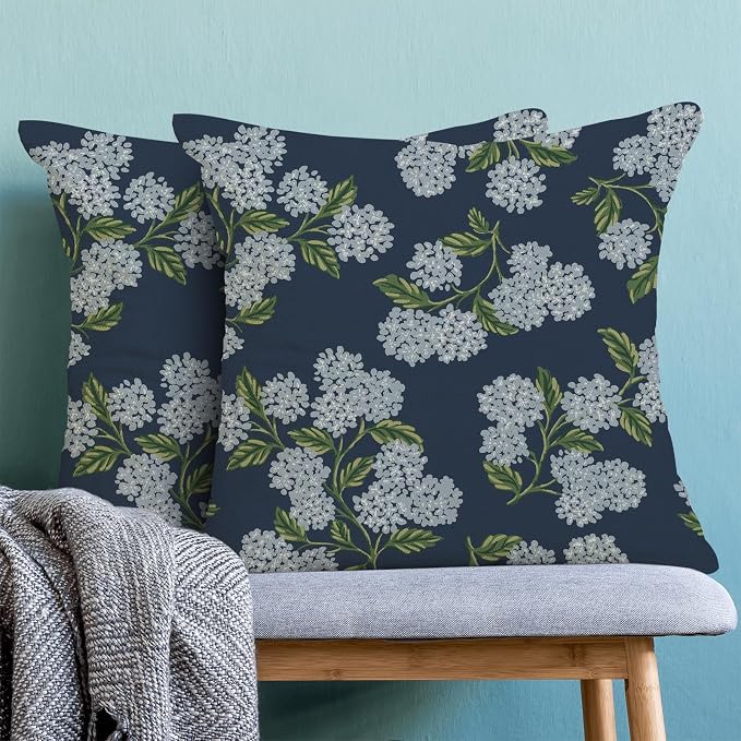AEIOAE Spring Pillow Covers 18x18 Inch Set of 2, Navy Blue Green Hydrangea Flower Throw Pillows Case,Floral Summer Outdoor Seasonal Decorative Farmhouse Decor Cushion Covers for Home Sofa Bed Couch