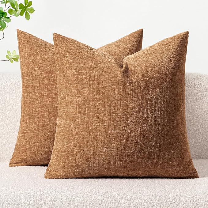 MIULEE Soft Chenille Euro Throw Pillow Covers Brown 24x24 Inch Pack of 2 | Modern Home Decor, Classic Decorative Pillows, Solid Dyed Cases, Boho Couch Cushion Covers for Sofa Bed Living Room