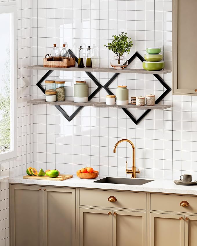 Floating Shelves for Wall, Set of 2 Wall Mounted Shelves, 2-Tier Hanging Shelves, for Living Room, Bedroom, Kitchen, Office, Study, Greige TBJ01P2BG
