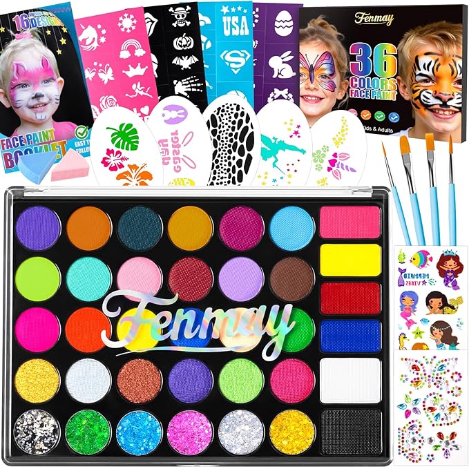 Face Painting Kit for Kids, 36 Colors XL Face Paint Makeup Palette, Non-Toxic and Hypoallergenic| with Stencils, Book, Easy to Use and Safe for Kids, Fun for Halloween, Party, School Event