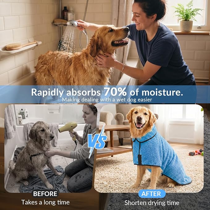 Dog Bathrobe, Super Absorbent for Small to Large Dogs, Light Blue M | Dog Robes with Soft Fleece, Warm & Cozy, Adjustable Fit, and Quick Drying Coat for Baths Swimming and Grooming
