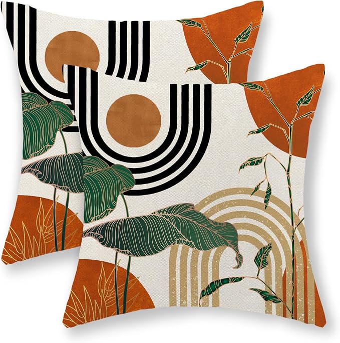 Boho Orange Pillow Covers 18x18 Set of 2 Green Gold Leaf Tropical Mid Century Throw Pillows Outdoor Bohemian Modern Decorative Pillowcase Farmhouse Linen Cushion Case for Couch Sofa Decor